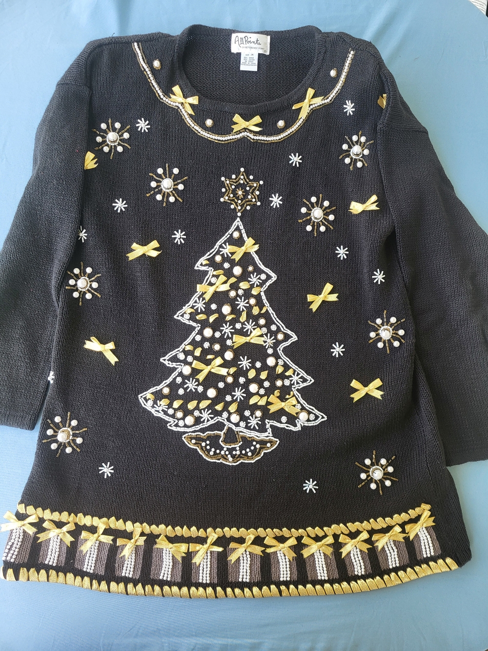 Black Embellished Christmas Tree Sweater Dress with Gold Accents